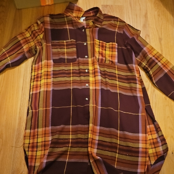 Cato Tops - Cato Womens Plaid Tunic Shirt - Brown and Orange
